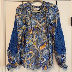 Hale Bob Blue & Gold Paisley Crochet-Sleeve Peasant Blouse